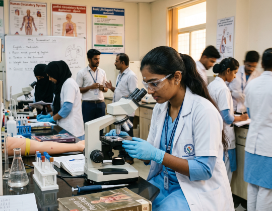 SKM Institute of Health Sciences and Research campus building and students, Birbhum